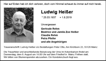 Traueranzeige von Ludwig Heißer von vrm-trauer