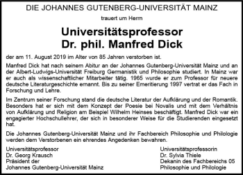 Traueranzeige von Manfred Dick von vrm-trauer