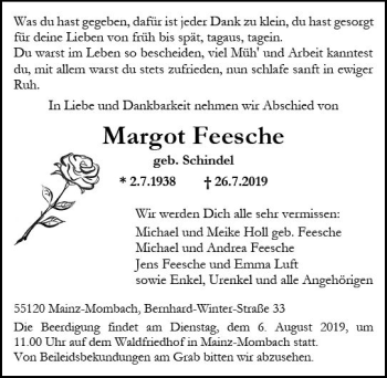Traueranzeige von Margot Feesche von vrm-trauer