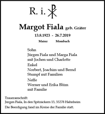 Traueranzeige von Margot Fiala von vrm-trauer