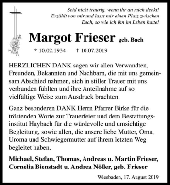 Traueranzeige von Margot Frieser von vrm-trauer