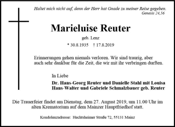 Traueranzeige von Marieluise Reuter von vrm-trauer