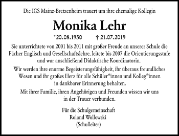 Traueranzeige von Monika Lehr von vrm-trauer