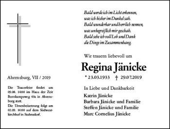 Traueranzeige von Regina Jänicke von vrm-trauer