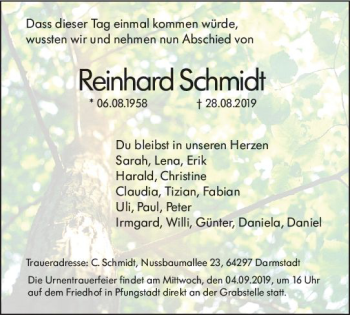 Traueranzeige von Reinhard Schmidt von vrm-trauer Traueranzeige von Reinhard Schmidt von vrm-trauer