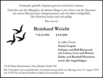 Traueranzeige von Reinhard Weicht von vrm-trauer