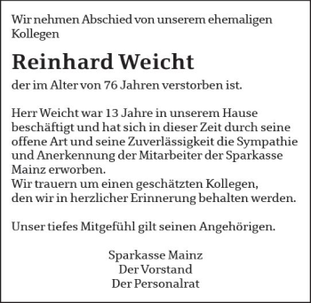 Traueranzeige von Reinhard Weicht von vrm-trauer