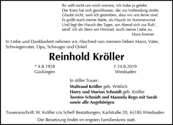 Traueranzeige von Reinhold Kröller von vrm-trauer