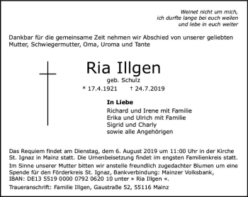 Traueranzeige von Ria Illgen von vrm-trauer