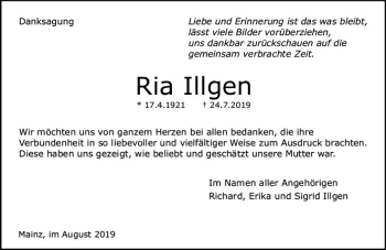 Traueranzeige von Ria Illgen von vrm-trauer