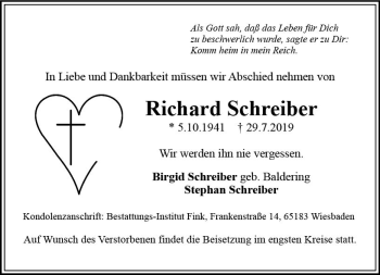 Traueranzeige von Richard Schreiber von vrm-trauer