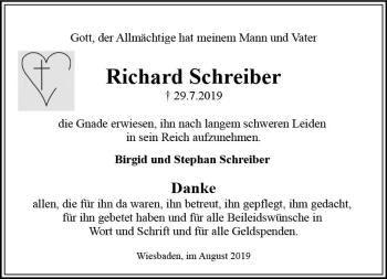 Traueranzeige von Richard Schreiber von vrm-trauer