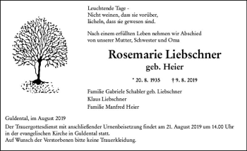 Traueranzeige von Rosemarie Liebschner von vrm-trauer