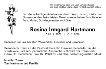 Traueranzeige von Rosina Irmgard Hartmann von vrm-trauer