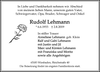 Traueranzeige von Rudolf Lehmann von vrm-trauer
