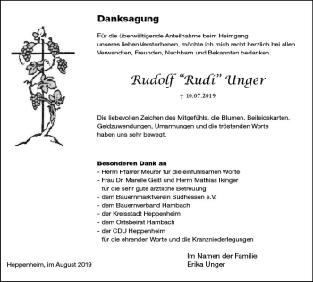 Traueranzeige von Rudolf Unger von vrm-trauer
