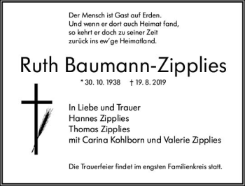 Traueranzeige von Ruth Baumann-Zipplies von vrm-trauer