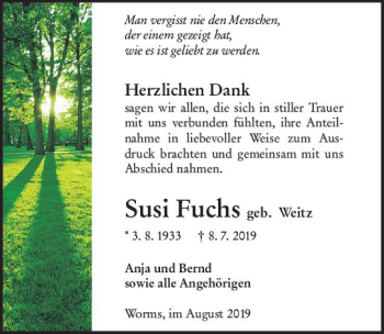 Traueranzeige von Susi Fuchs von vrm-trauer