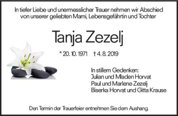 Traueranzeige von Tanja Zezelj von vrm-trauer