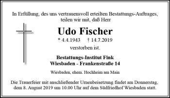 Traueranzeige von Udo Fischer von vrm-trauer