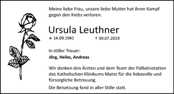 Traueranzeige von Ursula Leuthner von vrm-trauer