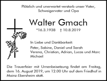Traueranzeige von Walter Gmach von vrm-trauer