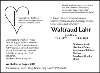 Traueranzeige von Waltraud Lahr von vrm-trauer