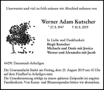 Traueranzeige von Werner Adam Kutscher von vrm-trauer Traueranzeige von Werner Adam Kutscher von vrm-trauer