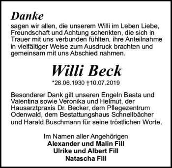 Traueranzeige von Willi Beck von vrm-trauer