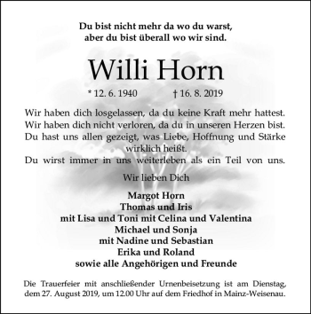 Traueranzeige von Willi Horn von vrm-trauer