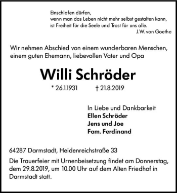Traueranzeige von Willi Schröder von vrm-trauer Traueranzeige von Willi Schröder von vrm-trauer