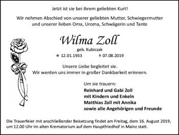 Traueranzeige von Wilma Zoll von vrm-trauer