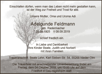 Traueranzeige von Adelgunde Feldmann von vrm-trauer