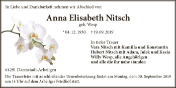 Traueranzeige von Anna Elisabeth Nitsch von vrm-trauer