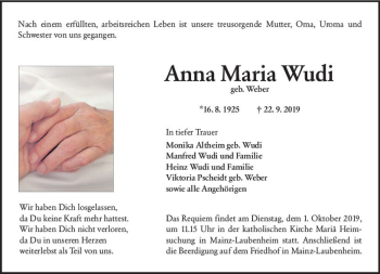 Traueranzeige von Anna Maria Wudi von vrm-trauer