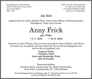Traueranzeige von Anny Frick von vrm-trauer