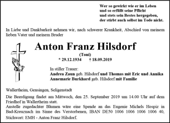 Traueranzeige von Anton Franz Hilsdorf von vrm-trauer