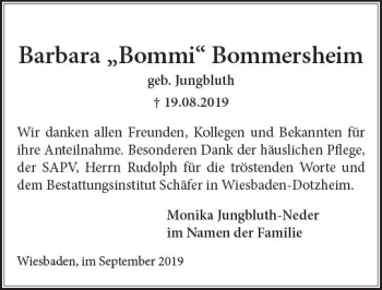 Traueranzeige von Barbara Bommersheim von vrm-trauer