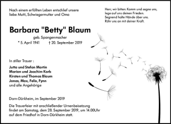 Traueranzeige von Barbara Betty Blaum von vrm-trauer