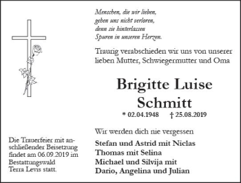 Traueranzeige von Brigitte Luise Schmitt von vrm-trauer