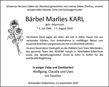 Traueranzeige von Bärbel Marlies Karl von vrm-trauer