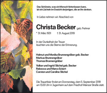 Traueranzeige von Christa Becker von vrm-trauer