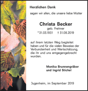 Traueranzeige von Christa Becker von vrm-trauer