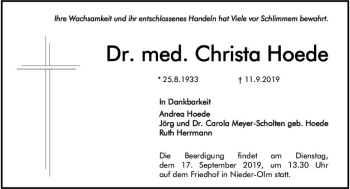 Traueranzeige von Christa Hoede von vrm-trauer