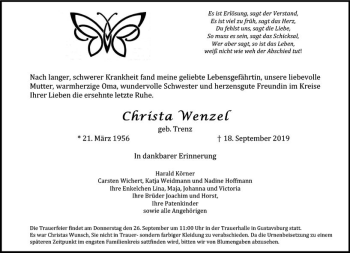 Traueranzeige von Christa Wenzel von vrm-trauer