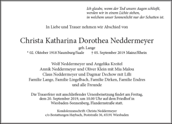 Traueranzeige von Christa Katharina Dorothea Neddermeyer von vrm-trauer