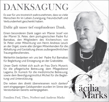 Traueranzeige von Cäcilia Marks von vrm-trauer