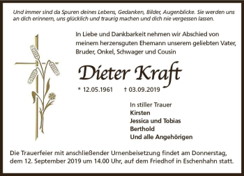 Traueranzeige von Dieter Kraft von vrm-trauer