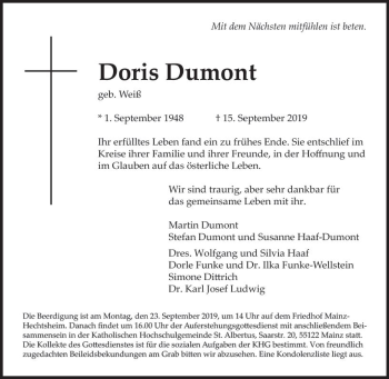 Traueranzeige von Doris Dumont von vrm-trauer
