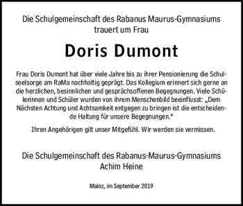 Traueranzeige von Doris Dumont von vrm-trauer